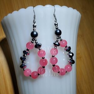 Hand Crafted Pink and Black Beaded Earrings